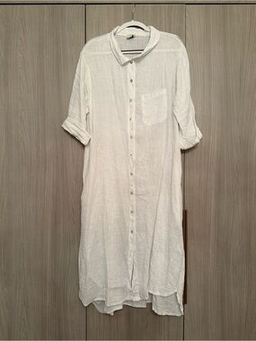 White Linen Button-Front Maxi Shirt Dress